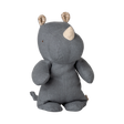 A cute gray fabric rhino plush toy sits upright with leaf-patterned ears and a beige snout, conveying a sense of warmth and comfort.