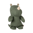 A plush green rhino toy with a soft horn sits upright on a plain background. Its ears have a polka dot inner pattern, and it exudes a calm, cozy vibe.