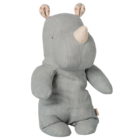 Maileg Safari Friends small rhino plush toy in vintage blue linen.