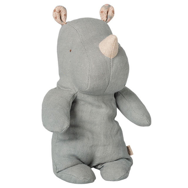 Maileg Safari Friends small rhino plush toy in vintage blue linen.