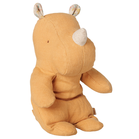 Maileg Safari Friends small rhino plush toy in vintage yellow, sitting profile view.