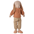 Maileg size 3 classic bunny doll wearing a coral knitted sweater and floral pants.
