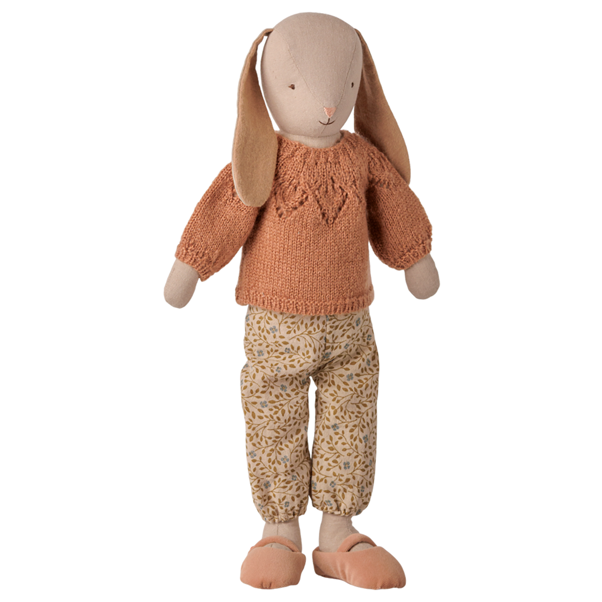Maileg size 3 classic bunny doll wearing a coral knitted sweater and floral pants.