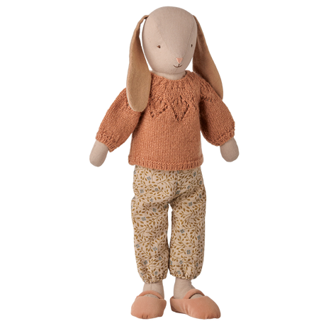 Maileg plush bunny wearing a size 3 knit vintage powder sweater and floral pattern pants.