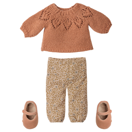 Maileg size 3 doll clothes set with a knitted vintage powder sweater, floral pants, and shoes.