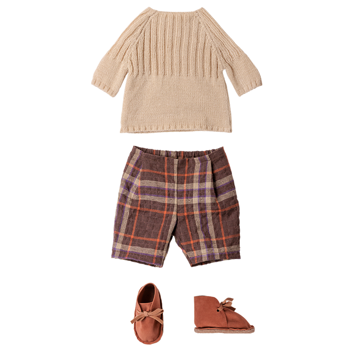 Maileg size 4 doll clothes set with off-white knitted sweater, plaid shorts, and brown shoes.