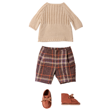 Maileg size 4 doll clothes set with off-white knitted sweater, plaid shorts, and brown shoes.
