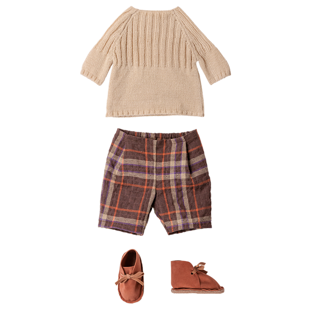 Maileg size 4 doll clothes set with off-white knitted sweater, plaid shorts, and brown shoes.