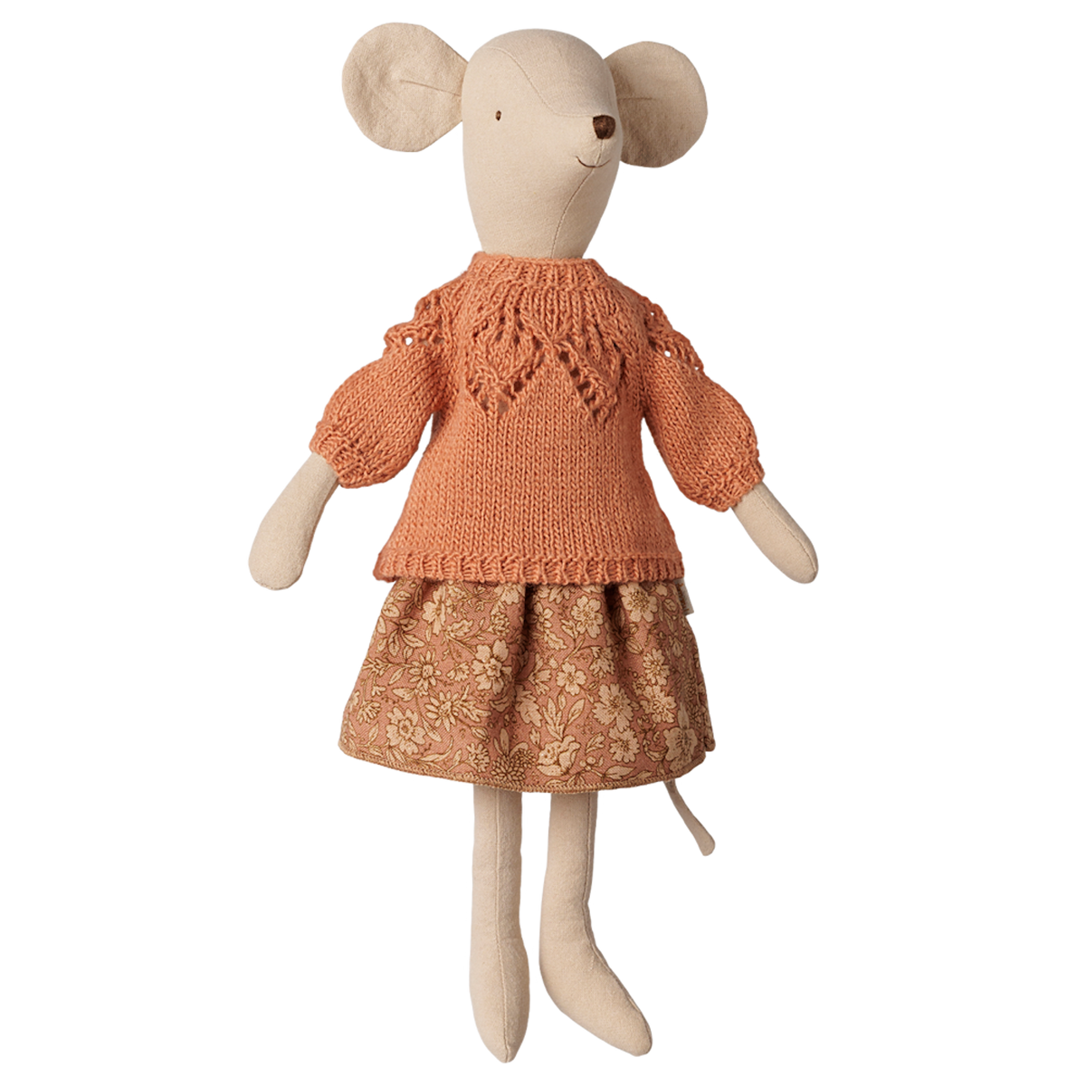 Maileg Medium Mouse doll wearing a peach knitted sweater and floral skirt.