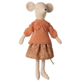 Maileg Medium Mouse doll wearing a peach knitted sweater and floral skirt.