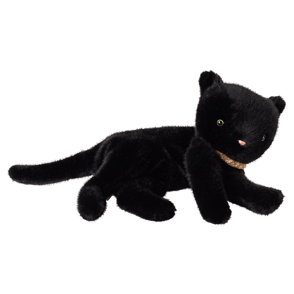 A plush black cat toy lies on a white background, featuring a shiny, smooth fur texture, round eyes, a small pink nose, and a gold collar, conveying a cute and cozy vibe.