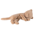 A plush, light brown toy cat lies peacefully on its side against a white background. Its eyes are closed, conveying a sense of calm and relaxation.