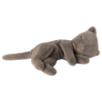 A plush gray cat toy lies peacefully asleep against a white background, with a golden collar. The toy is soft, with its eyes gently closed.
