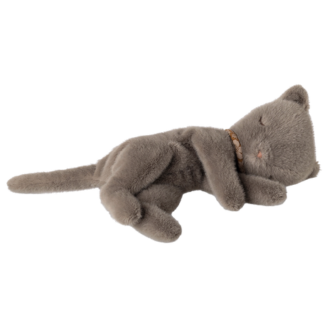 A plush gray cat toy lies peacefully asleep against a white background, with a golden collar. The toy is soft, with its eyes gently closed.