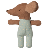 A soft, brown toy dog with floppy ears and a textured surface, wearing a blue polka dot outfit and bow tie, set against a white background.