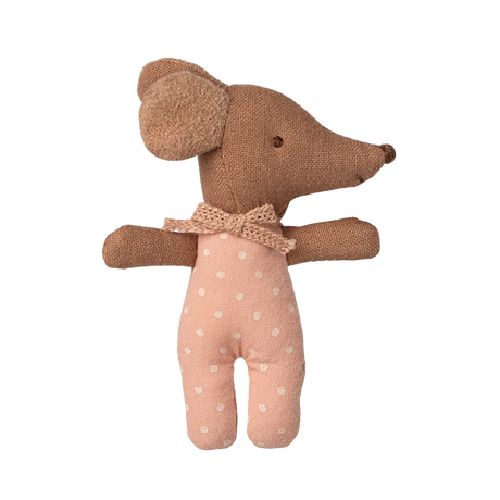 A cute fabric mouse toy with large ears wearing a pink polka dot outfit and bow tie, set against a white background, creating a charming and playful tone.