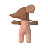 A cute fabric mouse toy with large ears wearing a pink polka dot outfit, set against a white background, creating a charming and playful tone.