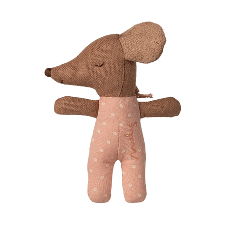 A cute fabric mouse toy with large ears wearing a pink polka dot outfit, set against a white background, creating a charming and playful tone.