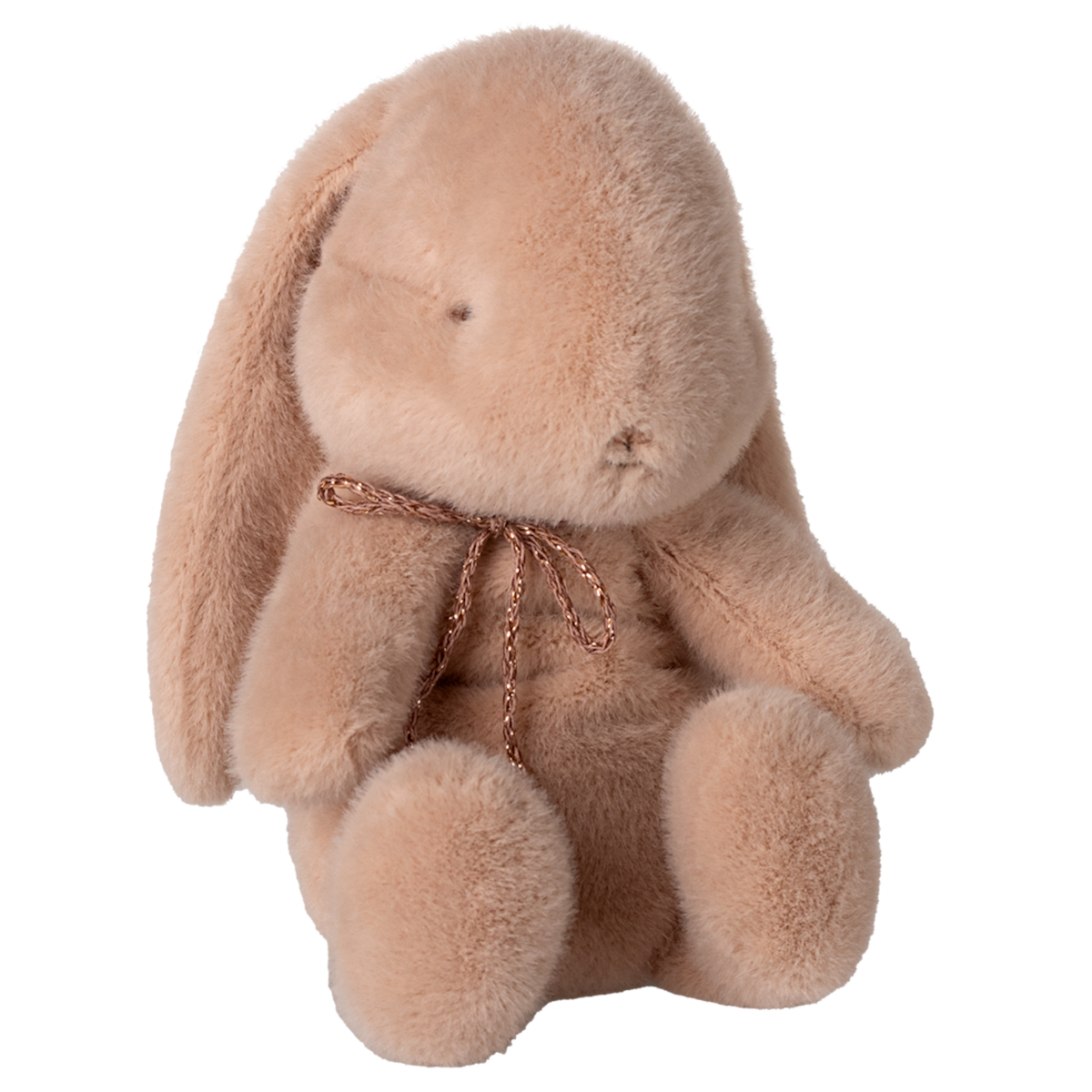 Maileg small bunny plush in powder pink with a rose gold bow and floppy ears on a white background.