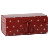 Maileg small storage suitcase in dark red with polka dots.