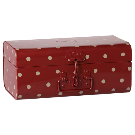 Maileg small storage suitcase in dark red with polka dots.