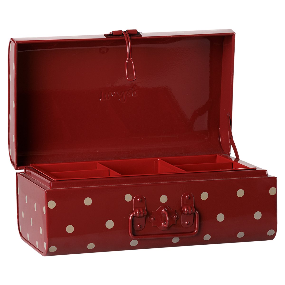 Maileg small storage suitcase in dark red polka dot pattern, open with an inner organizer tray.