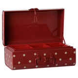 Maileg small storage suitcase in dark red polka dot pattern, open with an inner organizer tray.