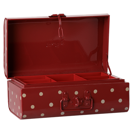 Maileg small storage suitcase in dark red polka dot pattern, open with an inner organizer tray.