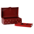 Maileg small storage suitcase toy in dark red with white polka dots, open view with removable organizer tray.