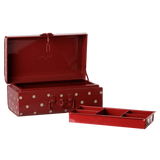 Maileg small storage suitcase toy in dark red with white polka dots, open view with removable organizer tray.