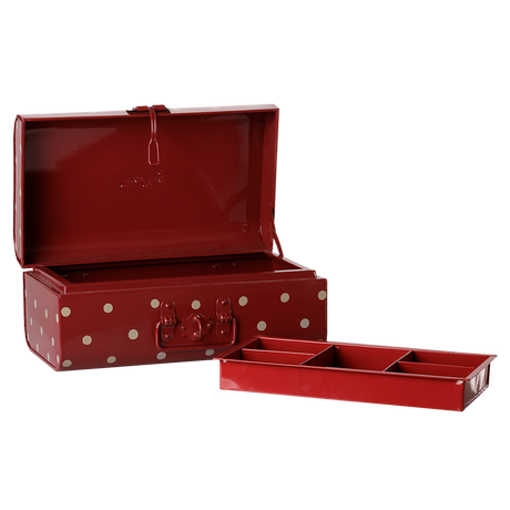Maileg small storage suitcase toy in dark red with white polka dots, open view with removable organizer tray.