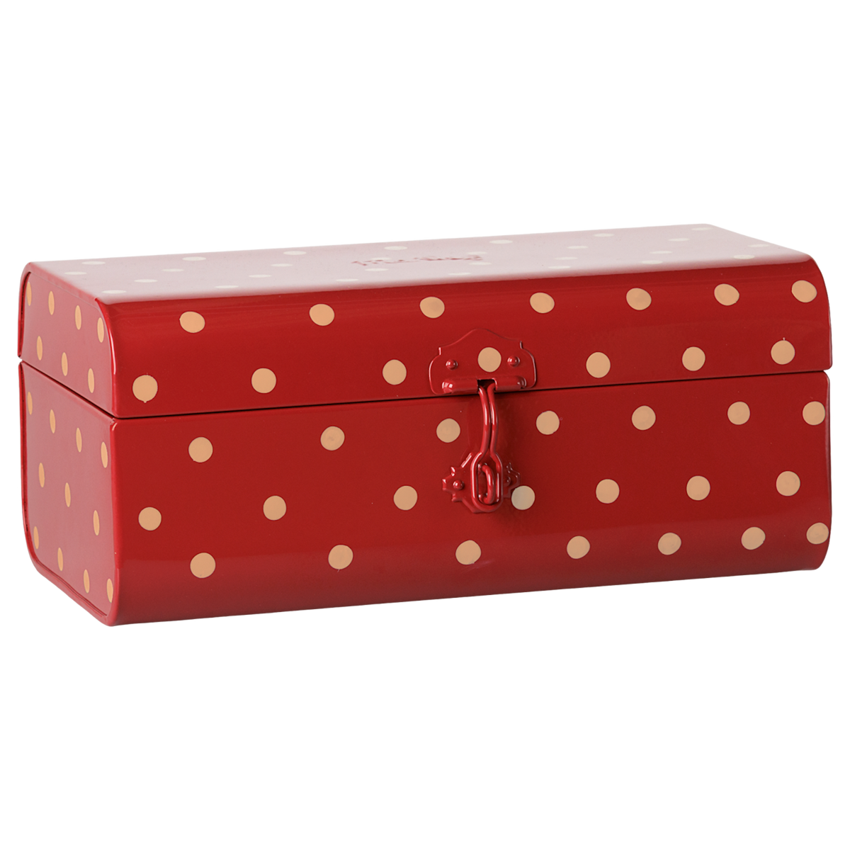 Maileg small storage suitcase in red with tan polka dots, shown closed with metal latch.