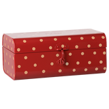 Maileg small storage suitcase in red with tan polka dots, shown closed with metal latch.