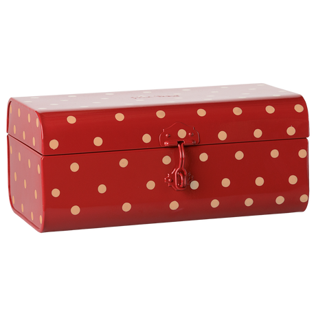 Maileg small storage suitcase in red with tan polka dots, shown closed with metal latch.