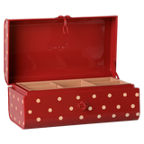 Maileg small storage suitcase toy in red with polka dots, open view showing an inside organizer tray.