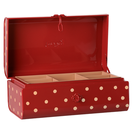 Maileg small storage suitcase toy in red with polka dots, open view showing an inside organizer tray.