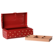 Maileg small red polka dot metal storage suitcase toy box with removable divider tray.