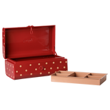 Maileg small red polka dot metal storage suitcase toy box with removable divider tray.