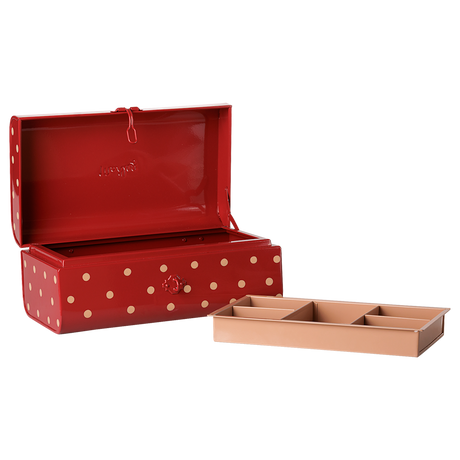 Maileg small red polka dot metal storage suitcase toy box with removable divider tray.