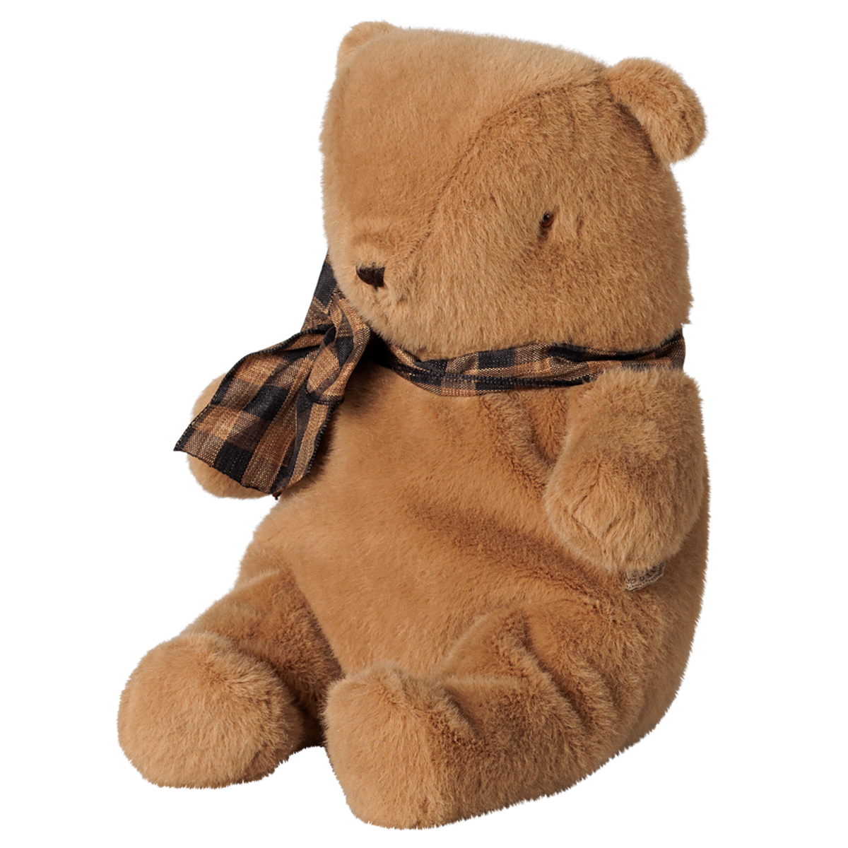 Maileg small teddy bear plush toy in mushroom brown with a plaid ribbon scarf.