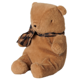 Maileg small teddy bear plush toy in mushroom brown with a plaid ribbon scarf.