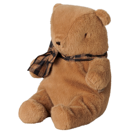 Maileg small teddy bear plush toy in mushroom brown with a plaid ribbon scarf.