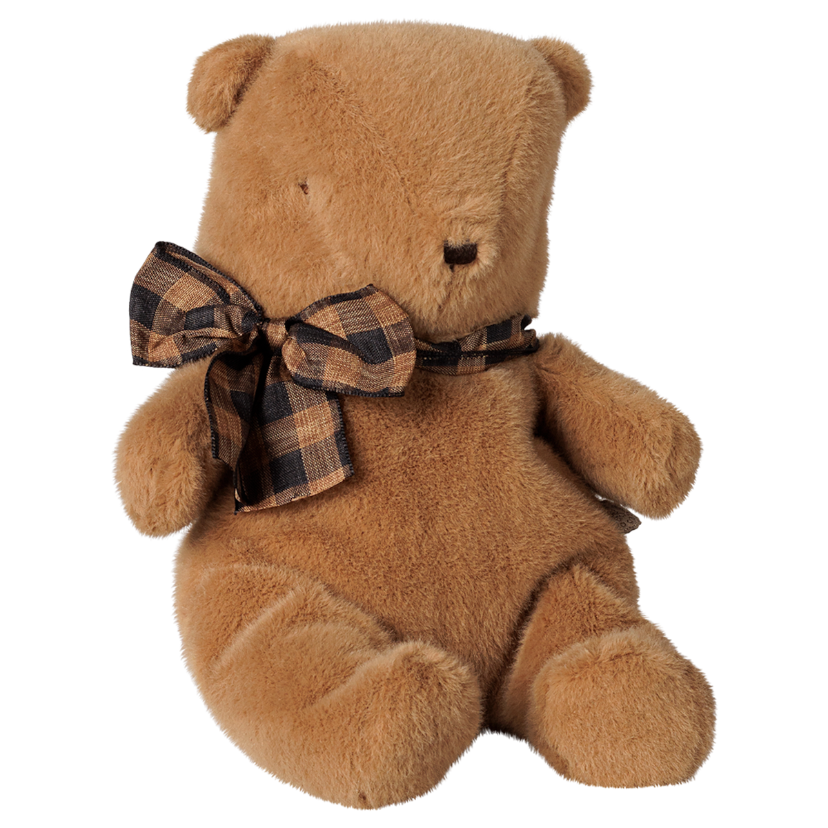 Maileg small teddy bear plush toy in mushroom brown with a plaid bow tie, sitting profile view.