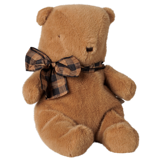 Maileg small teddy bear plush toy in mushroom brown with a plaid bow tie, sitting profile view.