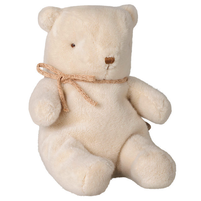 Maileg small teddy bear plush toy in off-white with a woven bow.