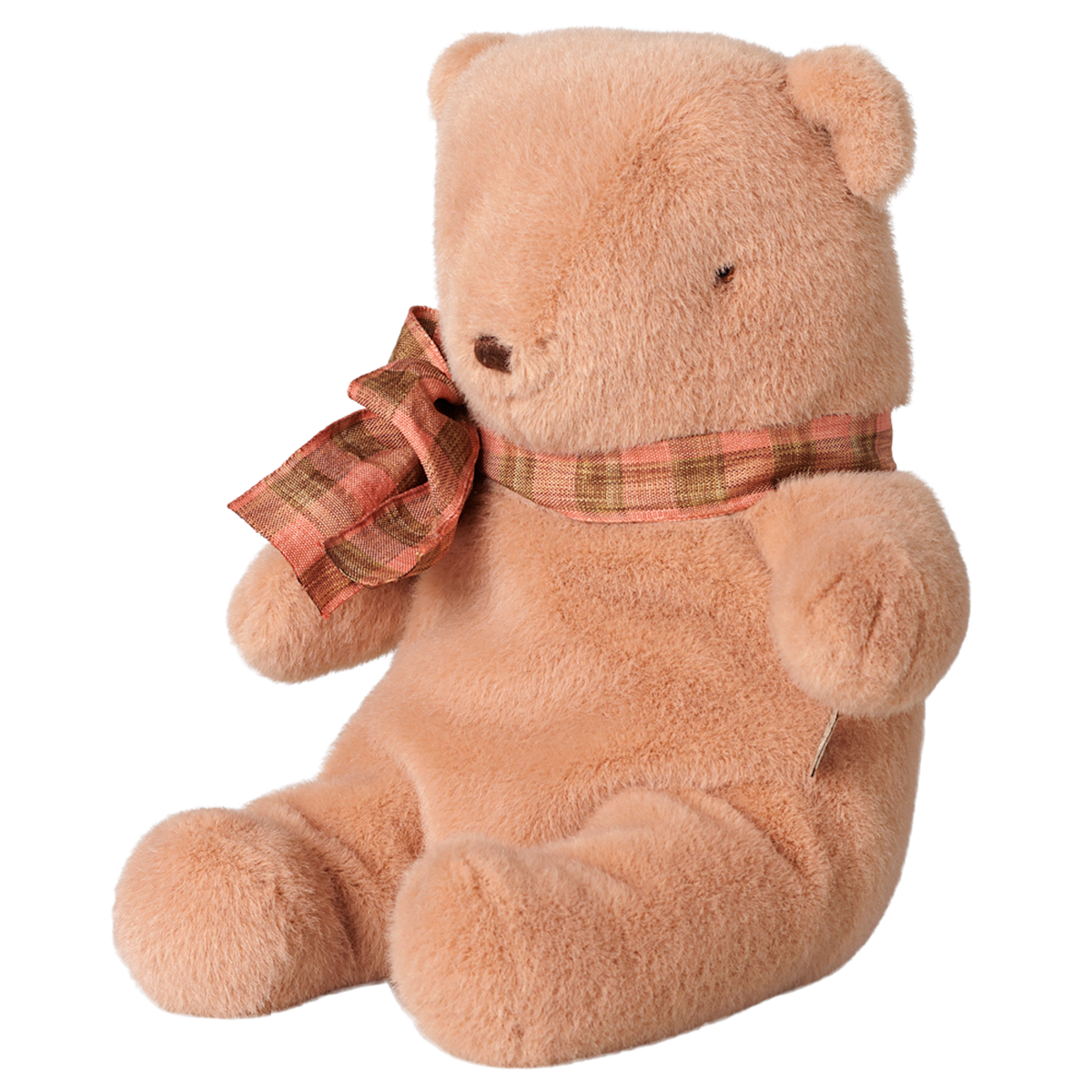 Maileg small teddy bear plush toy in vintage rose with a plaid bow.