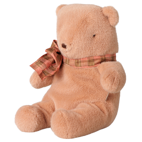 Maileg small teddy bear plush toy in vintage rose with a plaid bow.