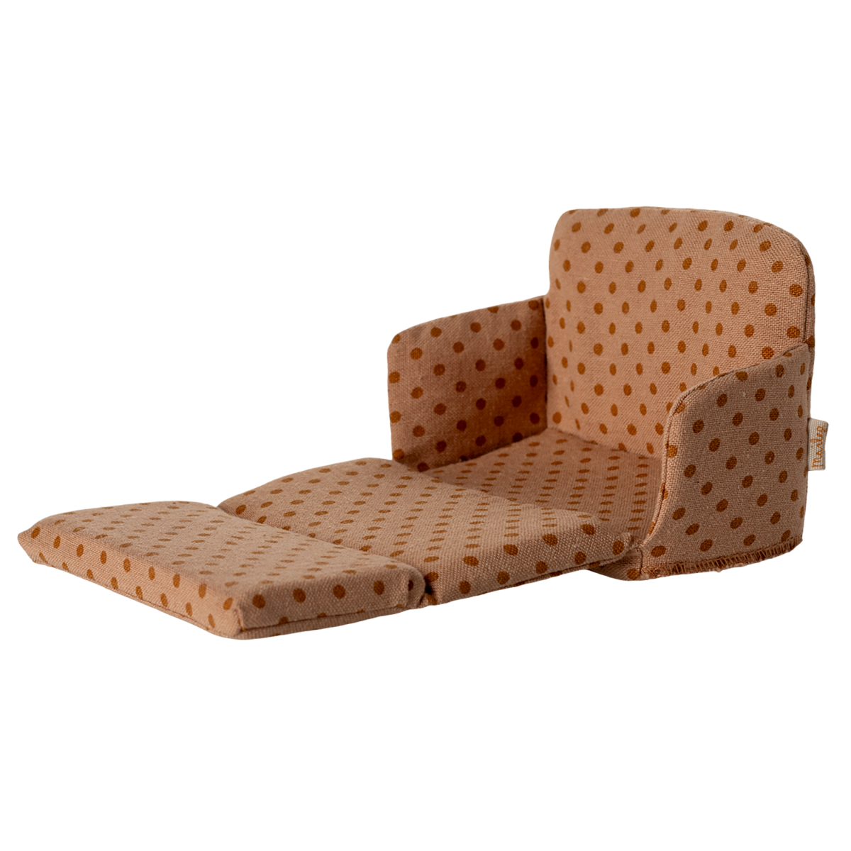 Miniature beige sofa with brown polka dots, featuring plush cushions and compact armrests. The playful design suggests a cozy, dollhouse ambiance.
