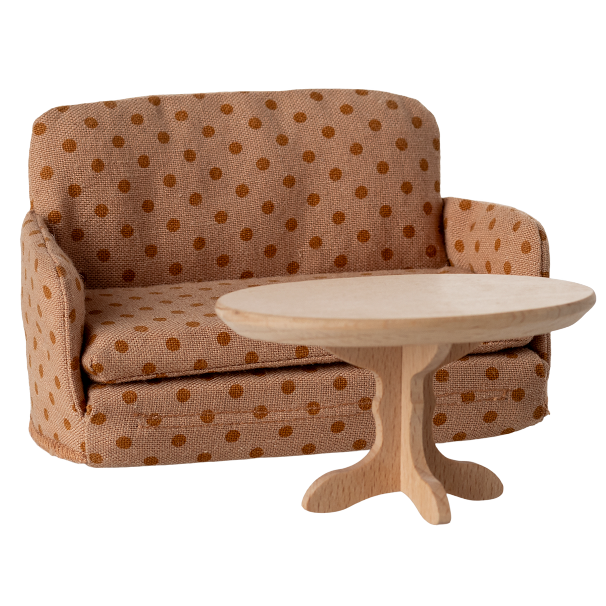 Miniature beige sofa with brown polka dots, featuring plush cushions and compact armrests. The playful design suggests a cozy, dollhouse ambiance.