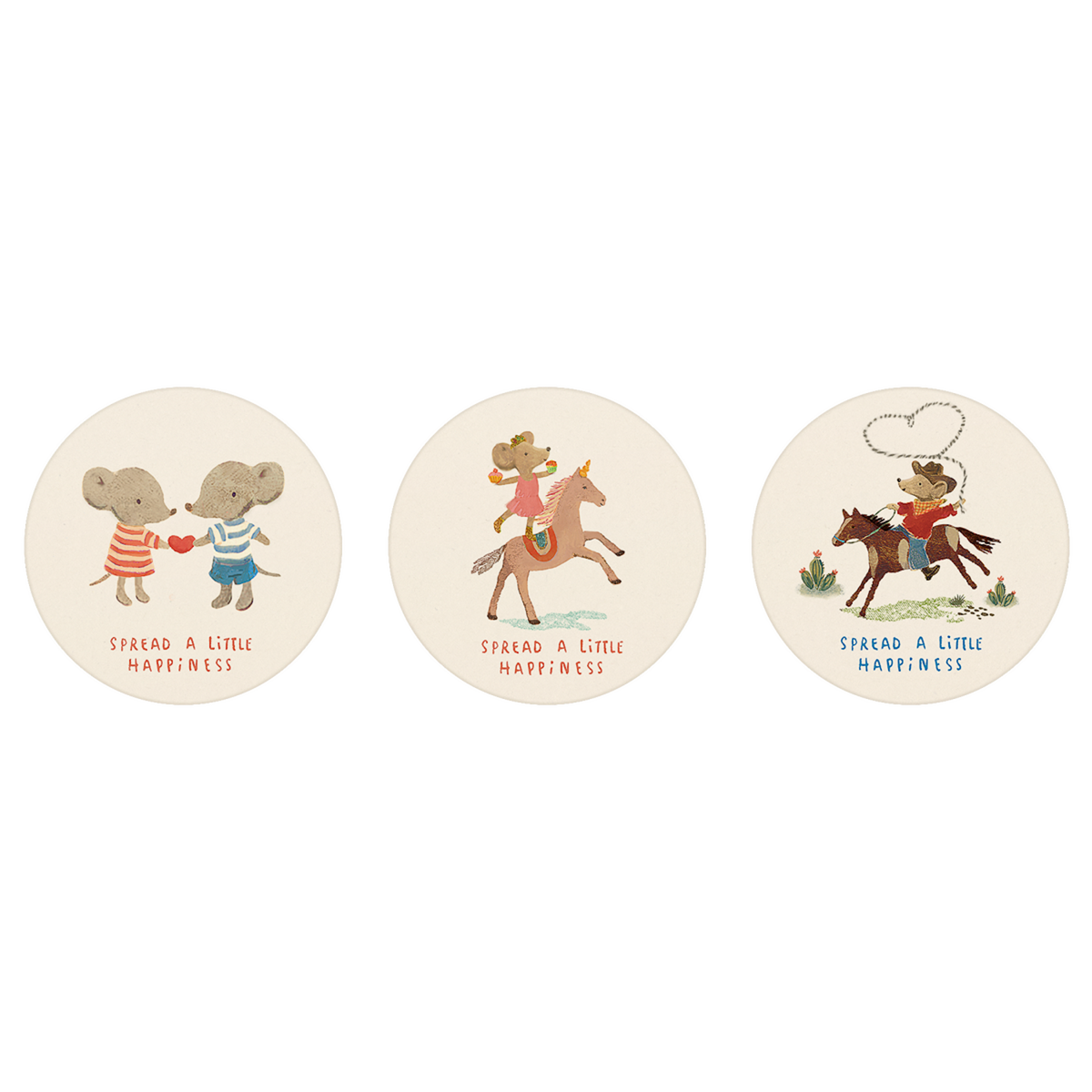 Maileg sticker set featuring three illustrated mice designs with "Spread a Little Happiness" text.